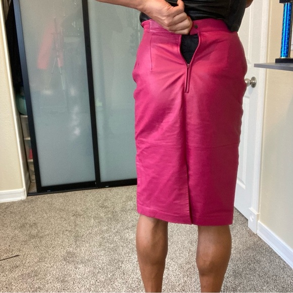 80s vintage pink leather skirt stretch waist genuine, leather skirt - Picture 4 of 9